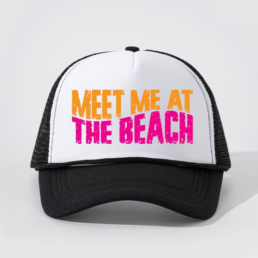 Meet Me at the Beach Black Retro Summer Snapback Mesh Trucker Hat NWOT